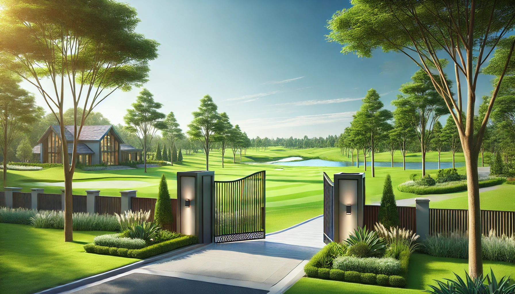 DALL·E 2024-11-12 19.31.30 - A beautiful open green venture with vast, lush green lawns stretching out in the background. The entrance gate is grand, modern, and inviting, made wi